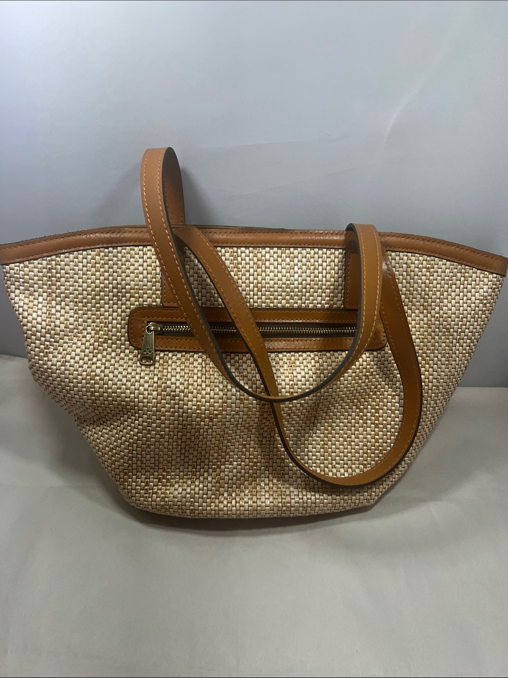 Patricia Nash Natural Woven Tote with Tan Trim,authentic